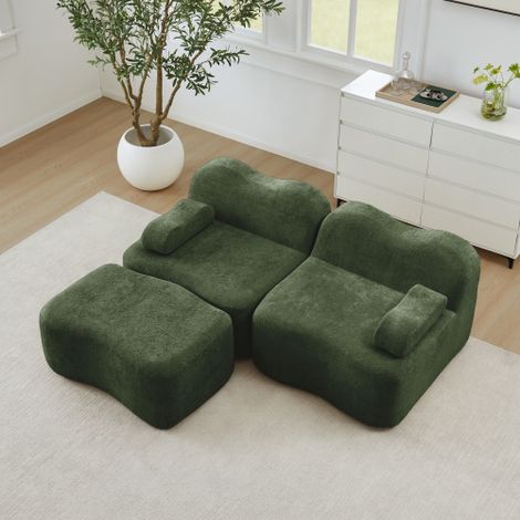 Canapé modulable en L 2 places sans structure avec 1 pouf, forme ondulée, coussins d'accoudoirs mobiles, pour salon et appartement, sans montage nécessaire, couleur verte (1/5)
