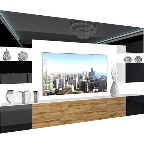 BELINI - Unité Murale TV NEX I Ensemble Muebles de Salon Complet I Ensemble Meuble TV avec Illumination LED I Dimensions: 300 x 180 x 36 cm I Coleur: Noir très Brillant/chêne wotan 3