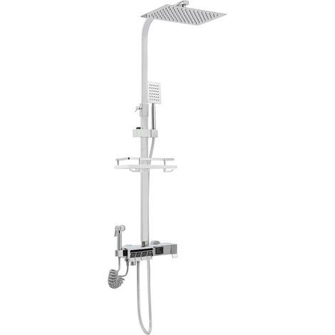 Système de douche à effet pluie avec robinet, mitigeur de douche complet avec 4 sorties, douchette à main, pommeau de douche, pour salle de bain et hôtel, avec écran LED, argenté (1/5)