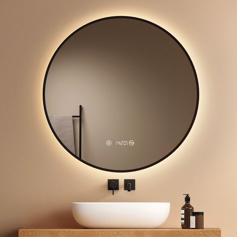 EMKE Miroir rond LED 80 cm pour salle de bain avec cadre noir, éclairage neutre dimmable, fonction anti-buée, écran avec horloge et température, commande tactile avec mémoire