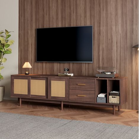 Mobile TV in MDF marrone con ante effetto rattan, 190 x 40 x 52 cm, 2 cassetti e 3 ante, per TV fino a 75" (1/5)