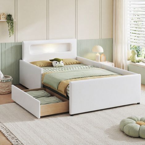 MEUBLIV Lit enfant 90 x 200 cm capitonné avec LED et port USB rangement sous le lit, côtés surélevés, cuir PU blanc (1/5)