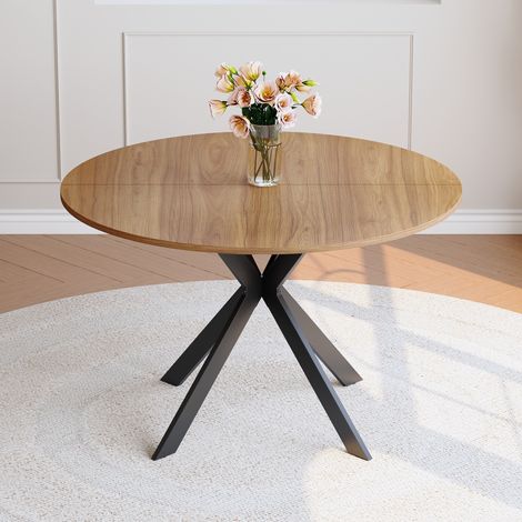Moderner Runder Esstisch mit Nussbaumoptik aus MDF – Schwarzes X-Gestell, Esszimmertisch für Küche & Wohnzimmer, 110 cm Durchmesser