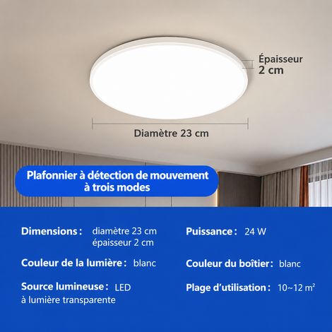 Plafonnier LED Tri-proof 23 cm 24W Lumière Blanche à Détection Sonore et Lumineuse 23cm 24w réf 9358 400 g – Livraison gratuite