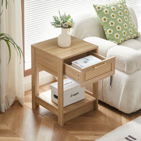 Meuble rangement table de chevet rotin MDF naturel OKMYHOME (1/5)