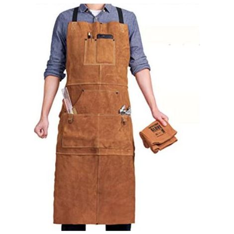 Tablier de Soudeur avec 6 Poches, Tablier de Travail en Cuir Anti-Chaleur Ignifuge, Tablier de Menuisier pour Homme Réglable de M à XXXL, Parfait pour Forgeron, Mecanicien, Atelier (1/5)