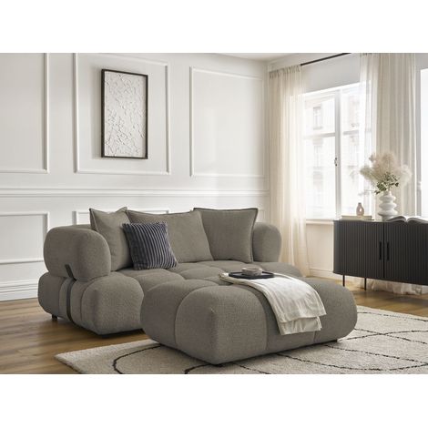 BOBOCHIC - Canapé droit fixe 2 places ALYA tissu bouclette avec pouf   Taupe (1/5)