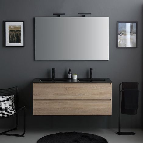 Unterschrank Mit 2 Schubladen, Schwarzes Doppelwaschbecken, Spiegel Und Schwarze Lampe, 120 Cm Berlin (1/4)