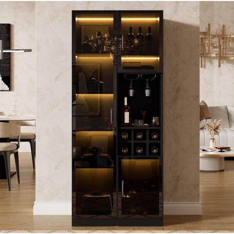 Vitrina 60x36x160 cm con LED controlado por aplicación, puertas de cristal, botellero, MDF negro (1/5)