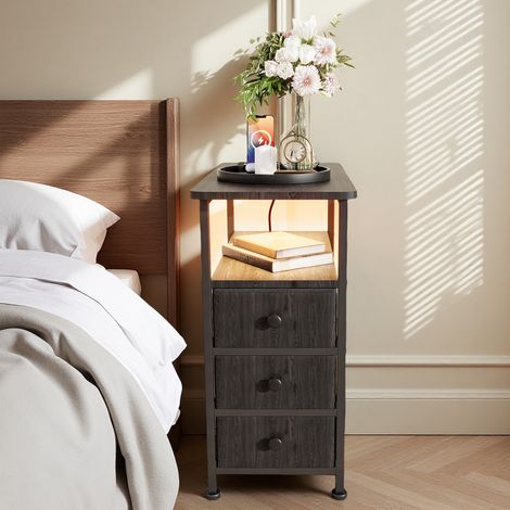 Mesita de noche con USB, 3 cajones y LED, tiradores negros, moderna, 60 x 30 x 62 cm, para dormitorio, salón, despacho, MDF, negro (1/5)