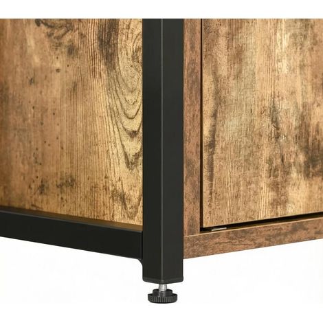 Bibliothèque moderne avec étagères ouvertes, armoire et tiroirs - cadre acier noir et panneaux en bois ancien (1/5)
