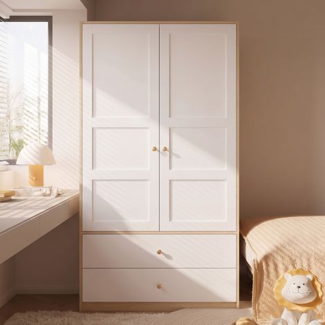 Armario ropero de 2 puertas - 100 x 48 x 180 cm - para dormitorio con 2 cajones y barra de colgar en mdf de diseño nórdico - blanco y madera natural (1/5)