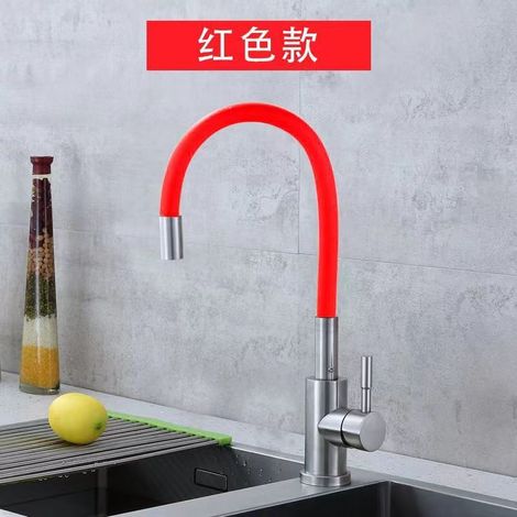 Russian kitchen faucet, black silicone universal tube faucet, stainless steel rotating hot and cold water faucet for sinks - red version