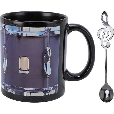 Vintage-Becher mit lustigem Trommelmuster, Keramik, Edelstahl, 325 ml, Kaffeetasse mit Löffel für kalte und heiße Getränke