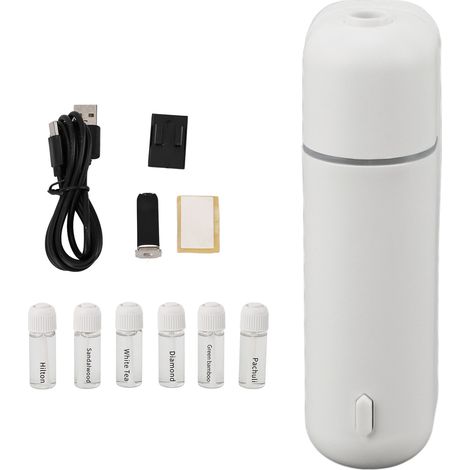 Auto-Diffusor für ätherische Öle, inklusive 6 x 5 ml Fläschchen, USB 5V, Bewegungserkennung, weiß, ideal für Reisen und den täglichen Arbeitsweg. (1/5)