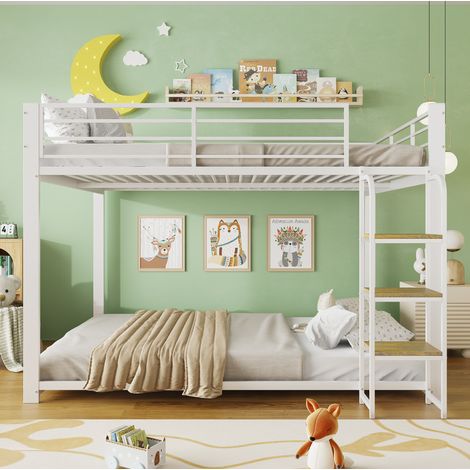 Lit superposé 140/200 cm blanc en MDF et métal avec escalier en bois, stable et silencieux (1/5)