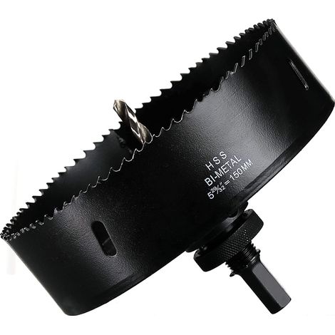 Scie cloche -150 mm - Acier rapide HSS M42 bi-métal - Scie-cloche avec tige hexagonale et foret pour bois, construction sèche et tôle métallique - 1 pièce - Noir (1/5)