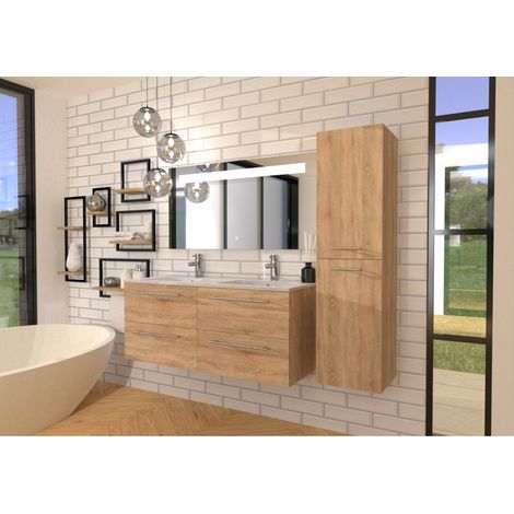 Sanitaire – Meuble de salle de bain NEPTUNE Bois Clair 120 cm – Miroir éclairant KATHY 120x60 cm – 4 tiroirs avec ralentisseurs – Céramique double vasque