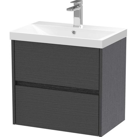 Nuie Havana Graphite Grey Woodgrain 600mm Wall Hung 2 Drawer Vanity Unit and Thin Edge Ceramic Basin - HAV2204D (1/4)