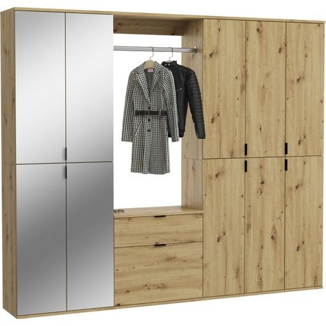 Armario de almacenamiento 10 puertas con espejos + ropero + 2 cajones – Roble claro – BODITE