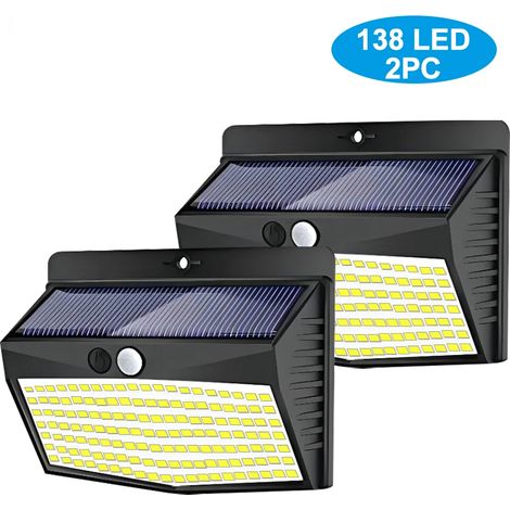 (138 LED - Lot de 2) Lampe solaire murale extérieure étanche, sans fil, avec détecteur de mouvement et 3 modes d'éclairage. Idéale pour jardin, clôture, terrasse ou garage. (1/5)