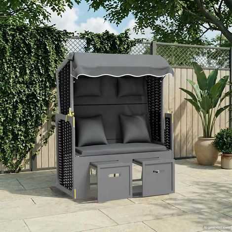Teenpull – Strandkorb mit Kissen Poly Rattan Massivholz Anthrazit Schwarz (1/5)