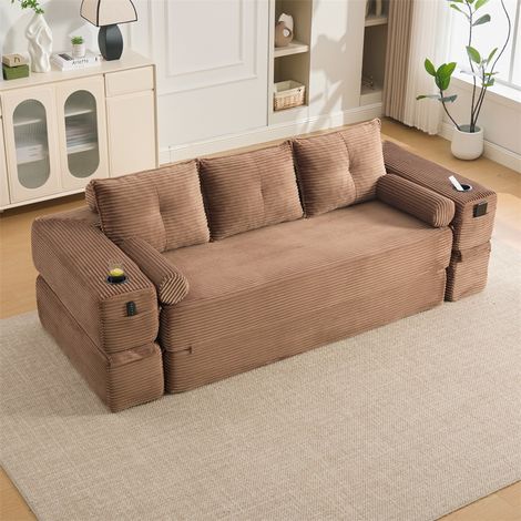 Canapé Convertible 3 Places - 232x98x80cm - Chauffeuse Pliante en Velours Côtelé avec Ressorts, Porte-Gobelet - Marron (1/5)