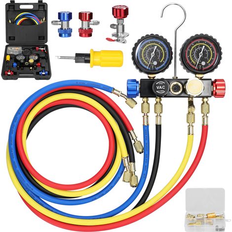 Kit de manomètres pour la recharge de fluide frigorigène de climatisation manomètre à 4 voies à double échelle avec tuyau de 1,5 m et raccords rapides en laiton (1/5)