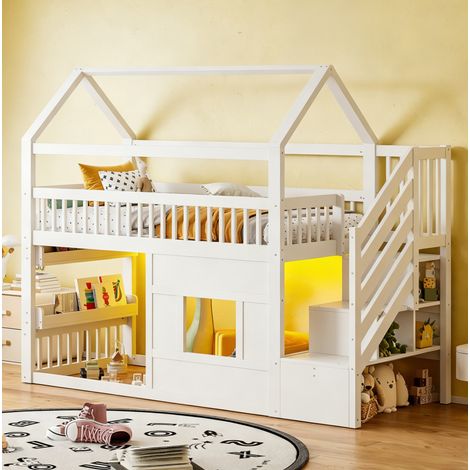 Lit cabane mezzanine 90x200 cm en bois blanc avec escalier et LED, gain de place – MEUBLIV (1/5)