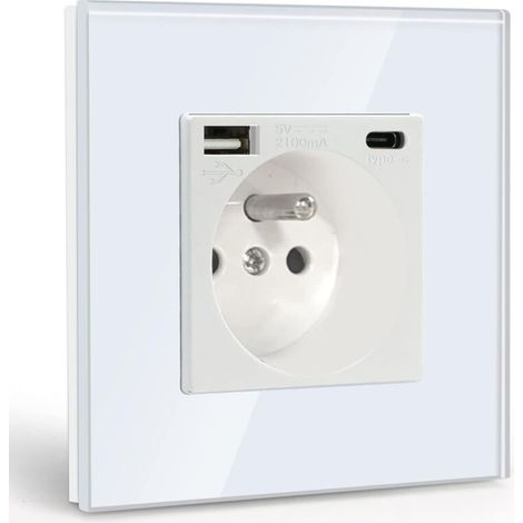 Prise Murale avec USB et 1 Type C,16A Prise de Courant Alternatif avec Panneau en Verre,Multiprise Murale Max 2.1A,Convient au Smartphone, à la Tablette (Blanc) (1/5)