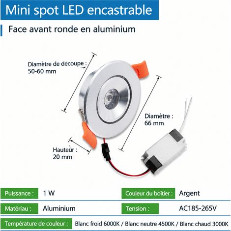 Mini spot LED encastrable extra-plat 1 W 4500 K Ø 66 mm 1w 4500k 200 g – Livraison gratuite