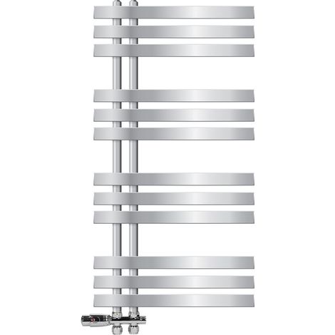 LuxeBath Badheizkörper Iron EM 500x1000 mm Chrom Seitenanschluss mit Anschlussgarnitur Thermostat Durchgang Boden, Design Heizkörper Bad Heizung Handtuchwärmer Handtuchtrockner Handtuchheizkörper