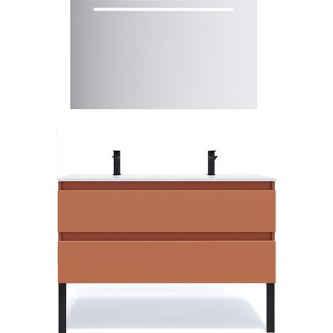 Meuble de salle de bain suspendu double vasque intégrée 120cm 2 tiroirs Terracotta + miroir - Hudson (1/5)