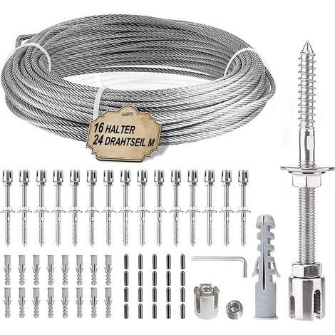 Climbing Plant Support, Outdoor Climbing Plant Cable, Complete Stainless Steel Kit with Wall Brackets and 3 mm Rope, 24 m Rope, for Garden/Concrete Wall/Fence Cable (1/5)