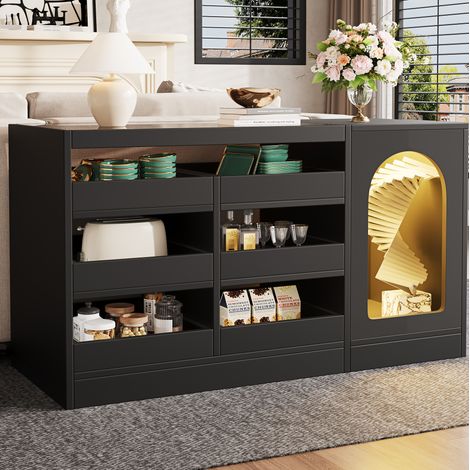 Aparador negro con vidrio, 6 estantes deslizantes, 1 puerta calada, para cocina, comedor, salón (1/5)