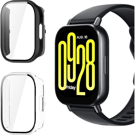 Coque pour Xiaomi Redmi Watch 5 Active, 2 Pièces Couverture Totale PC Coque Anti-Rayure Bumper Protecteur Étui con Protection écran Verre Trempé 9H Dureté Haute Définition, Transparent+Noir (1/5)