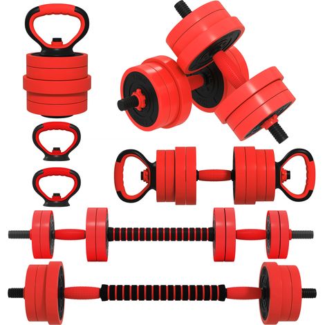20kg 6-In-One Adjustable Weight Dumbbells Set-Barbell-Kettlebell-Push Up Stand - Red (1/5)