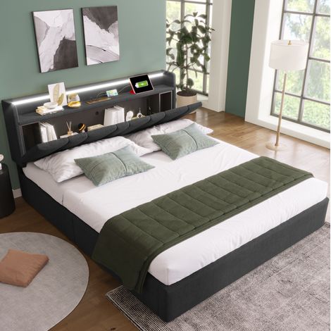 Cama tapizada 140x200 cm, cabecero con almacenamiento y enchufes USB, LED RGBW, lino gris (1/5)