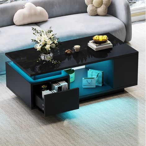Mesa de centro negra con LED, cajón y estantes laterales 100 x 50 x 36 cm (1/5)