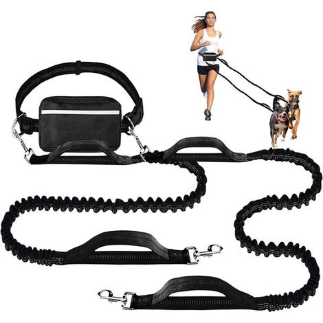 Doppelleine mit Bauchgurt, mit der Sie zwei Hunde gleichzeitig führen und die Hände frei haben. Sie verfügt über eine Reißverschlusstasche und ist ideal zum Joggen. Erhältlich in Schwarz und Gold.