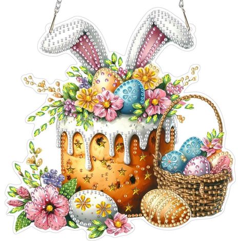 Pendentif Diamond Painting Pâques : Panier avec œufs & poussin, Décoration de fenêtre suspendue (1/4)