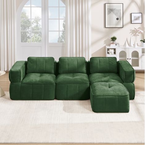 Divano angolare modulabile 3 posti con 1 pouf, schiuma 32D, tessuto poliestere verde DESVIAE (1/5)