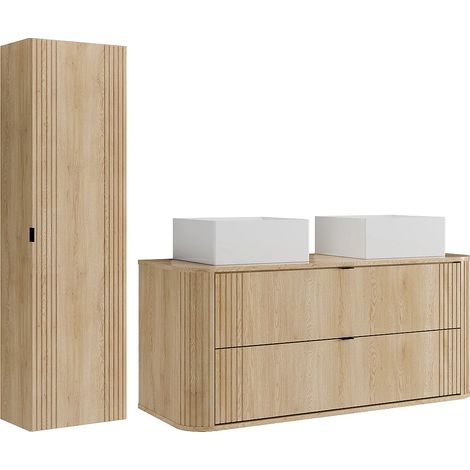 Mobile bagno sospeso con doppio lavabo da appoggio quadrato e colonna Naturale chiaro 120 cm - FILOR (1/5)