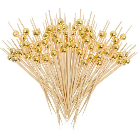 100 pièces bâtonnets à cocktail, cure-dents en bambou perles d'or bâtonnets à cocktail nourriture fruits cocktail cure-dents pour fournitures de fête, boissons, collations, fruits, hamburgers (12 cm/4 (1/5)