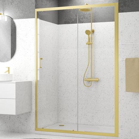 porte de douche coulissante 140x200cm - profilés or doré brossé - verre trempé 6mm - goldy crush