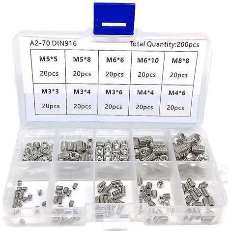 200-teiliges Set Sechskant-Gewindestifte, Gewindestifte aus Edelstahl 304, M3/M4/M5/M6/M8, Sortimentspackung