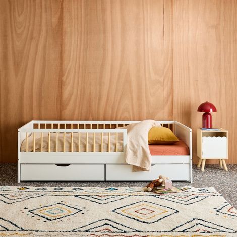 sweeek - Lit enfant 90 x 190 cm pin naturel avec sommier et tiroirs blanc - Elio (1/5)