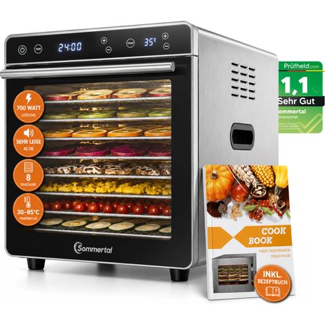 Sommertal Dörrautomat Silence 700 XXL inkl. 8 Edelstahl Dörrgitter, LED-Display, 24h Timer, Temperatureinstellung von (35°C–85°C) einstellbar, inkl. Kochbuch, Profi Dörrgerät, 700W Dehydrator