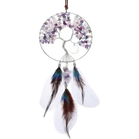 Attrape-rêves en cristal de guérison décoratif à suspendre, pierre violette, rose, bleue, plumes faites à la main (1/5)