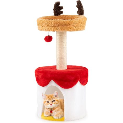 COSTWAY Petit Arbre à Chat de Noël 80 cm, Arbre a Chat Design de Style Renne, Plateforme, Condo, Poteau à Griffer en Sisal, Tour pour Chaton, Coussin Lavable, Pompon Suspendu, 35 × 35 × 80 cm (1/5)